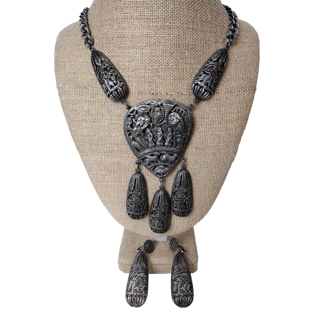 Vintage Hobe Egyptian Ncklace and Earrings French Pewter W/Hobe Tag Thoth Anubis